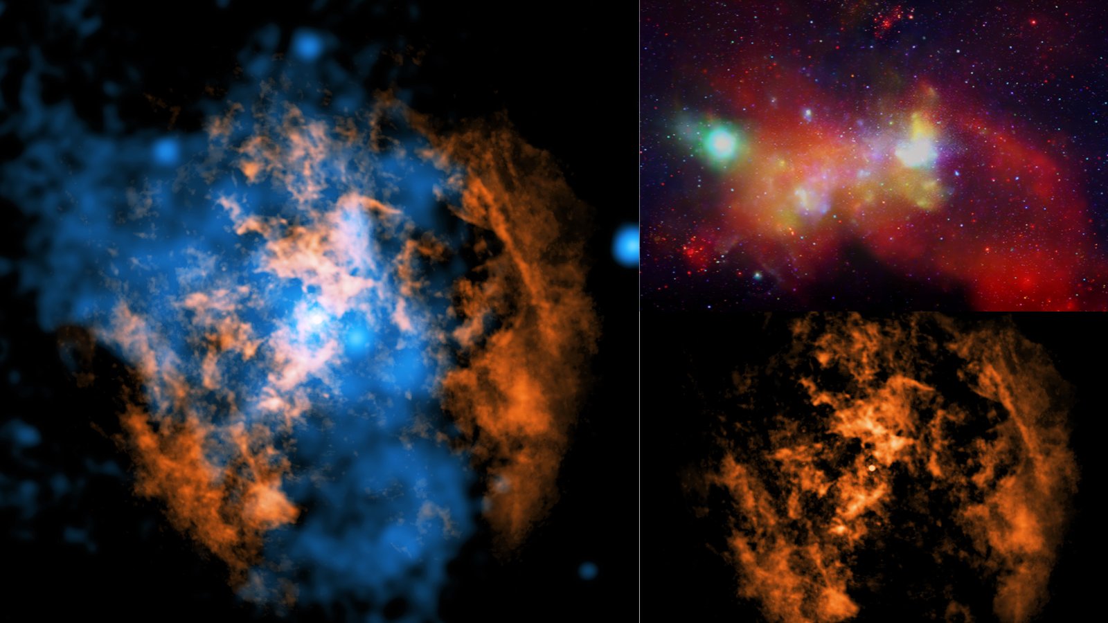 ALMA 与 Chandra 联合拍摄的银河系中心。X 射线:NASA/CXC/Northwestern Univ./M. Gorski;射电:ESO/NAOJ/NRAO/ALMA;ESO/NAOJ/NRAO 供图。