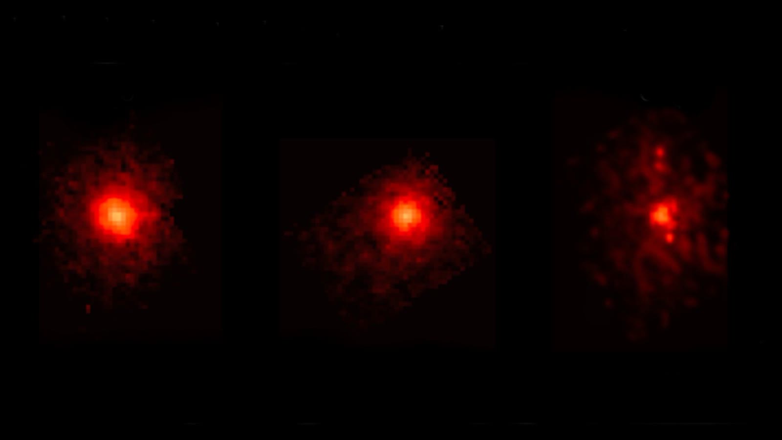 水（左）、二氧化碳（中）、甲烷（右）三联化学指纹：JWST MIRI 测得 3I/ATLAS 彗发中的三种挥发分分布（来源：NASA/ESA/CSA/STScI/M. Belyakov (Caltech)/I. Wong (STScI)）